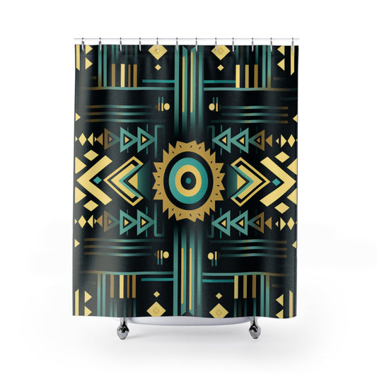 Black Turquoise and Yellow Geometric Shower Curtains