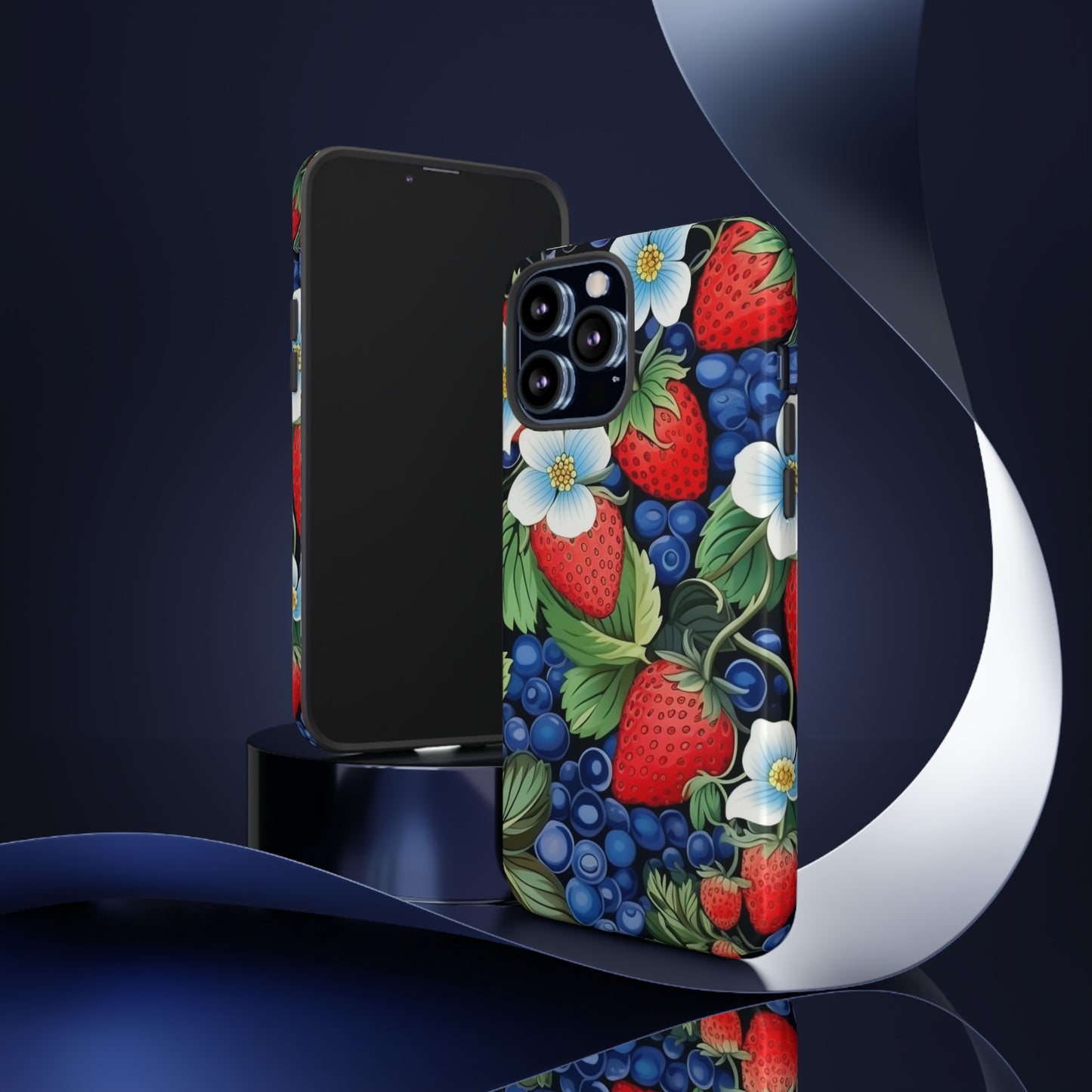 Strawberries and Blueberries on Black phone case