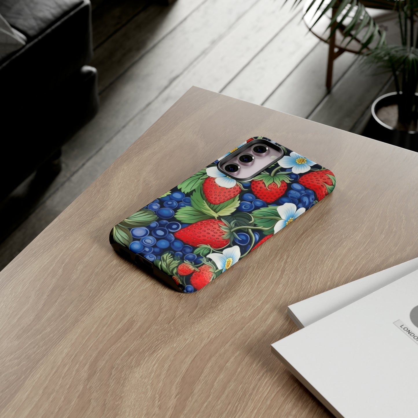 Strawberries and Blueberries on Black phone case