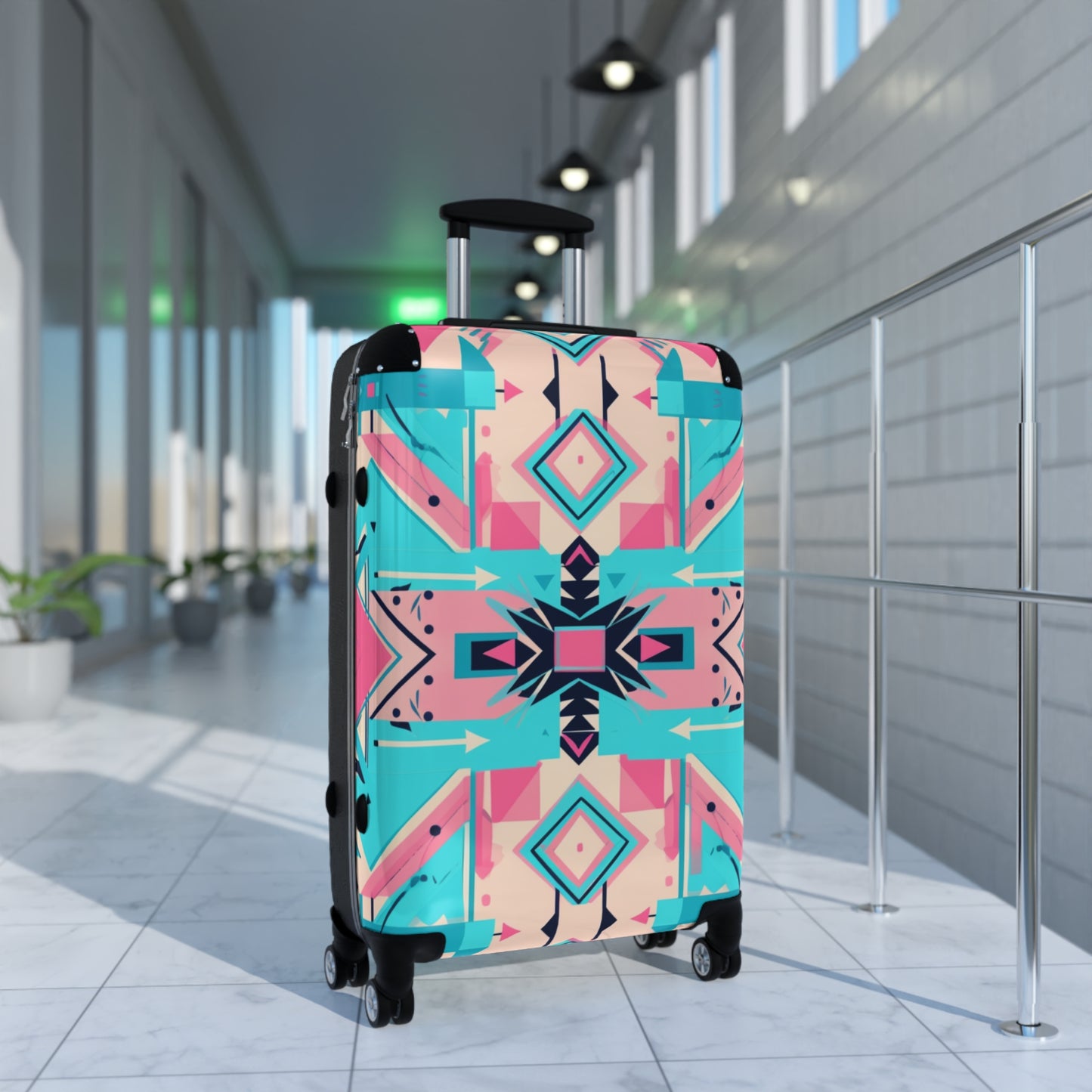 Pink and Turquoise Geometric Suitcase