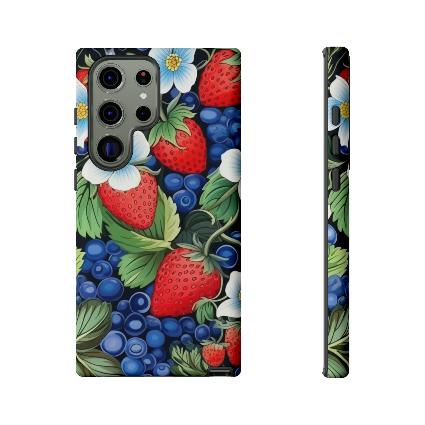 Strawberries and Blueberries on Black phone case