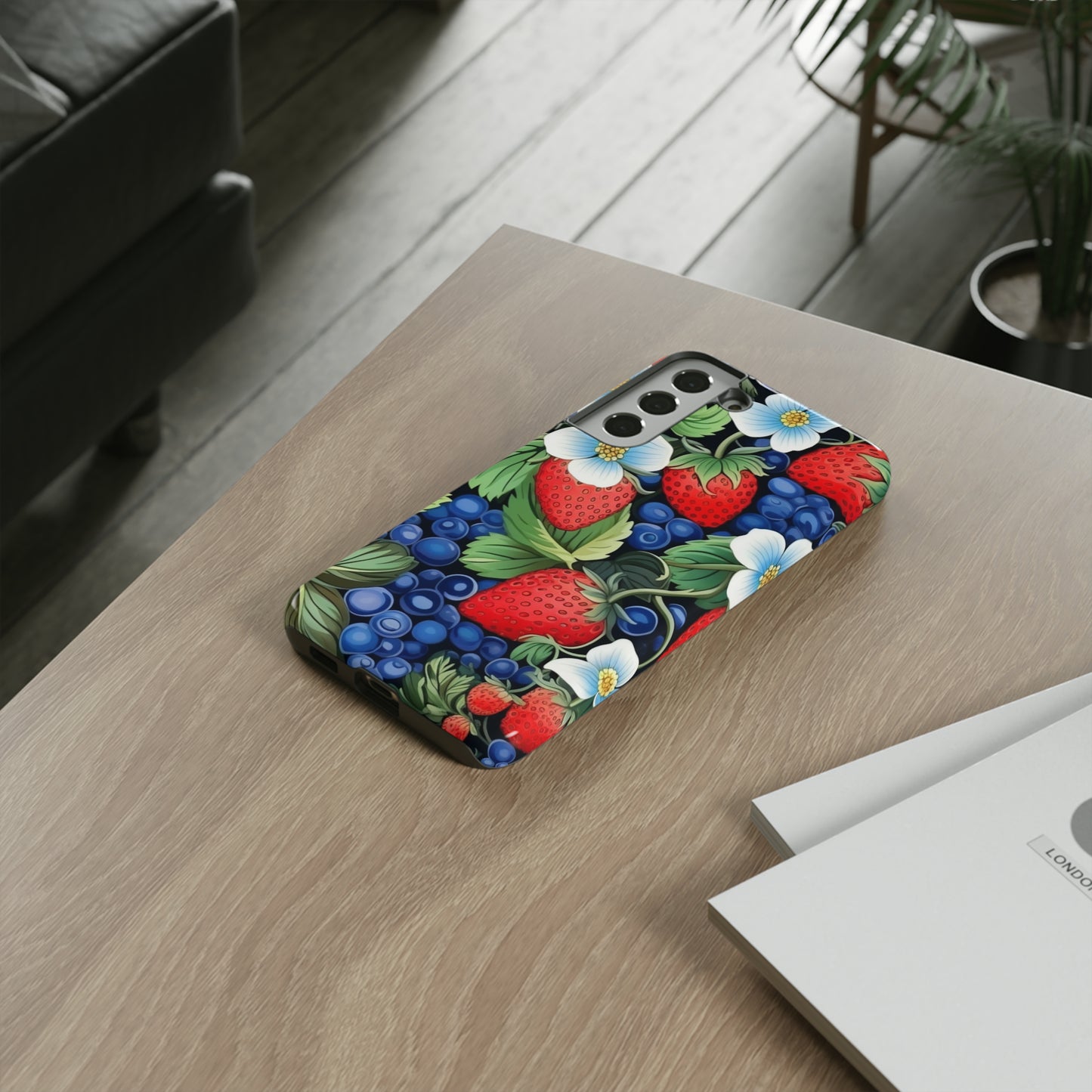 Strawberries and Blueberries on Black phone case