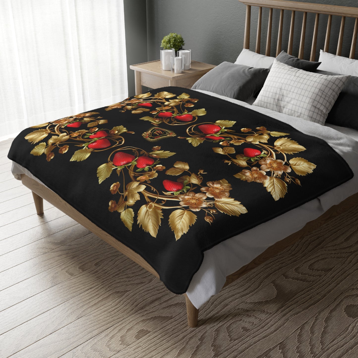 Gold Ojibwe Floral Velveteen Minky Blanket (Two-sided print)