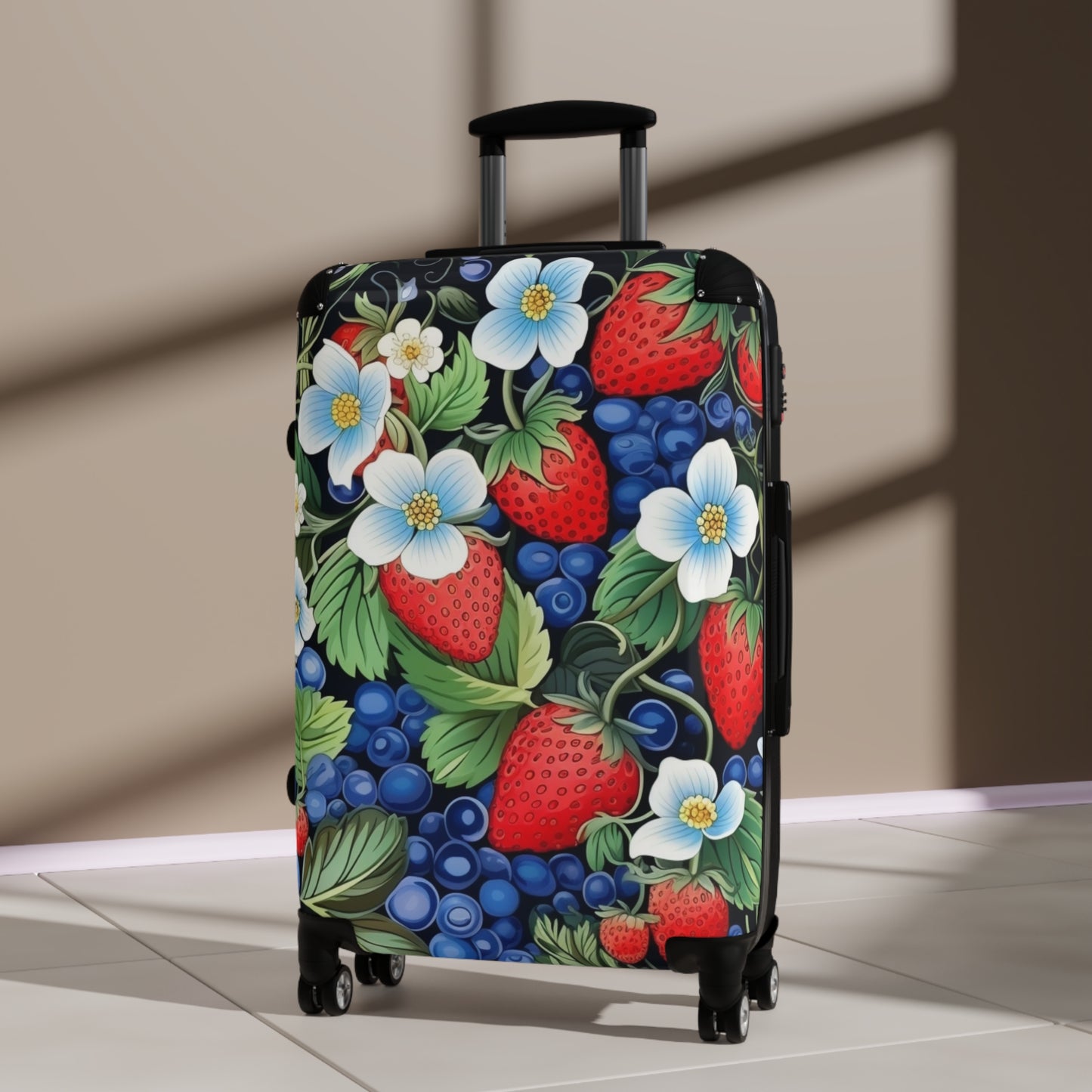 Strawberries and Blueberries on Black Suitcase