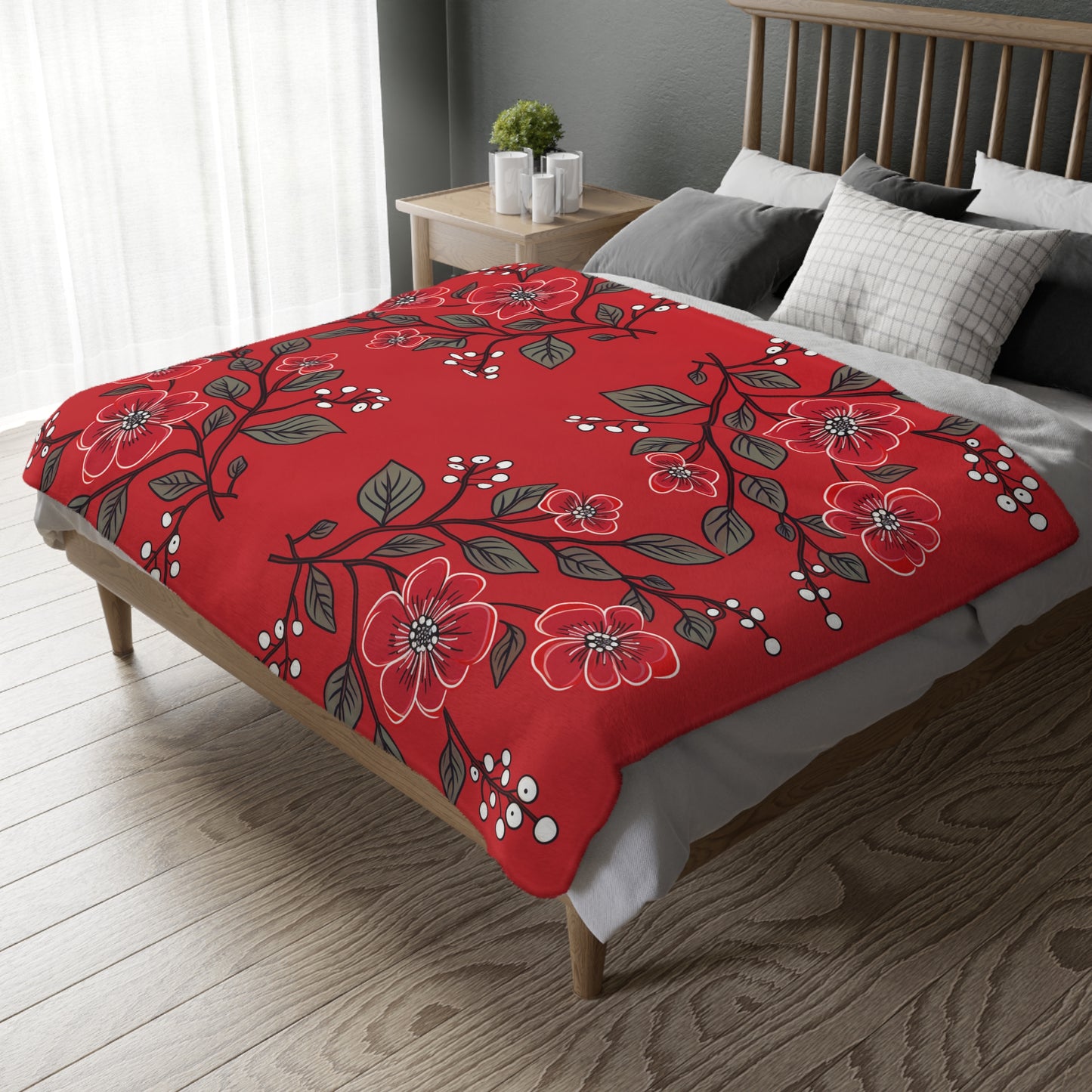 Red Floral Velveteen Minky Blanket (Two-sided print)