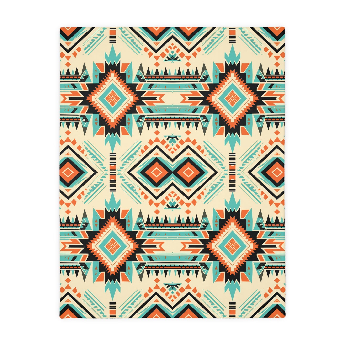 White, Orange and Turquoise Geometric Velveteen Minky Blanket (Two-sided print)