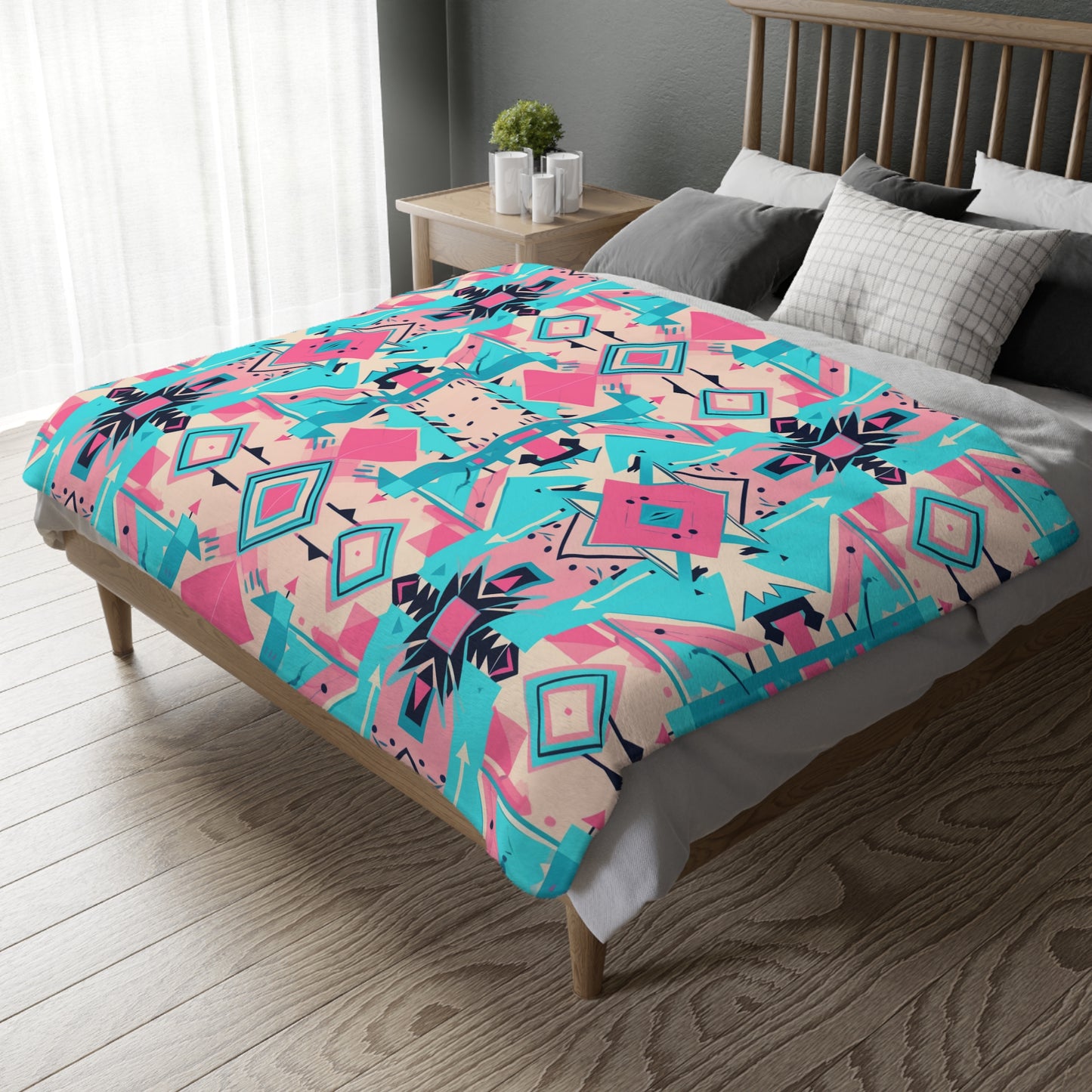 Large Pink and Turquoise Geometric Velveteen Minky Blanket (Two-sided print)