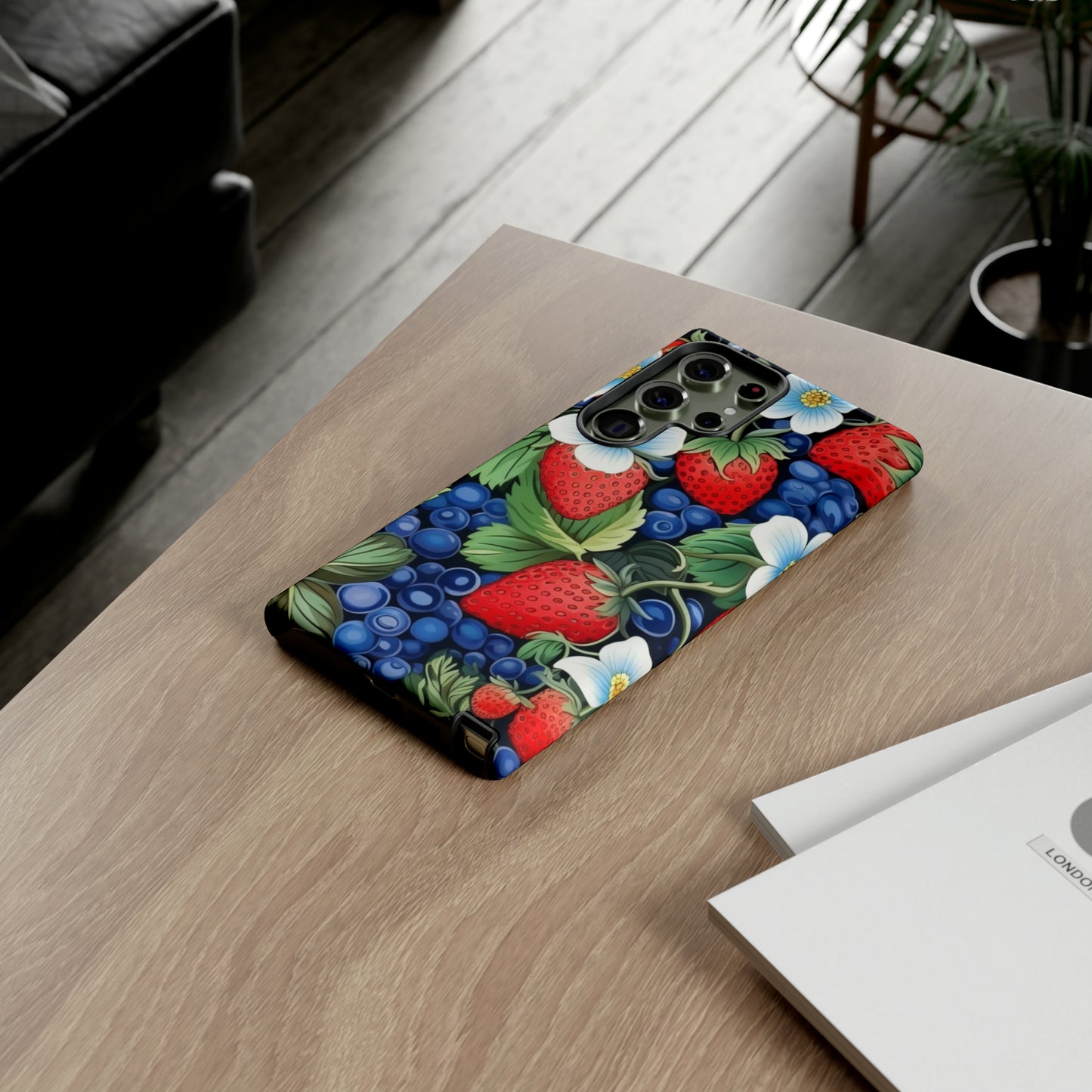 Strawberries and Blueberries on Black phone case