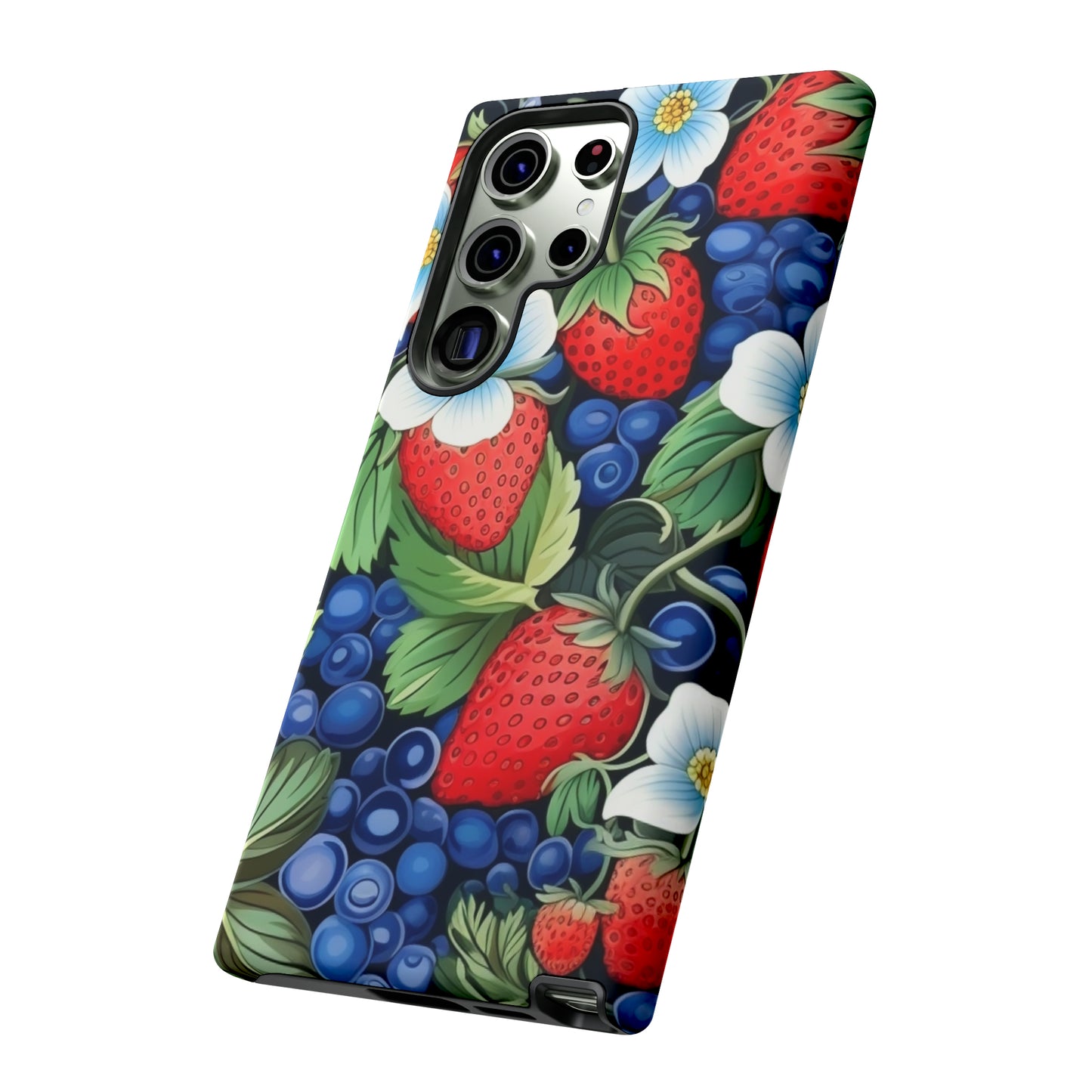 Strawberries and Blueberries on Black phone case