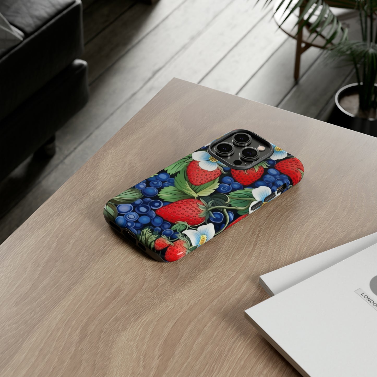 Strawberries and Blueberries on Black phone case