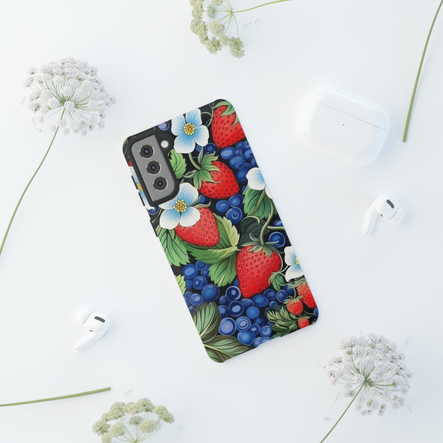 Strawberries and Blueberries on Black phone case