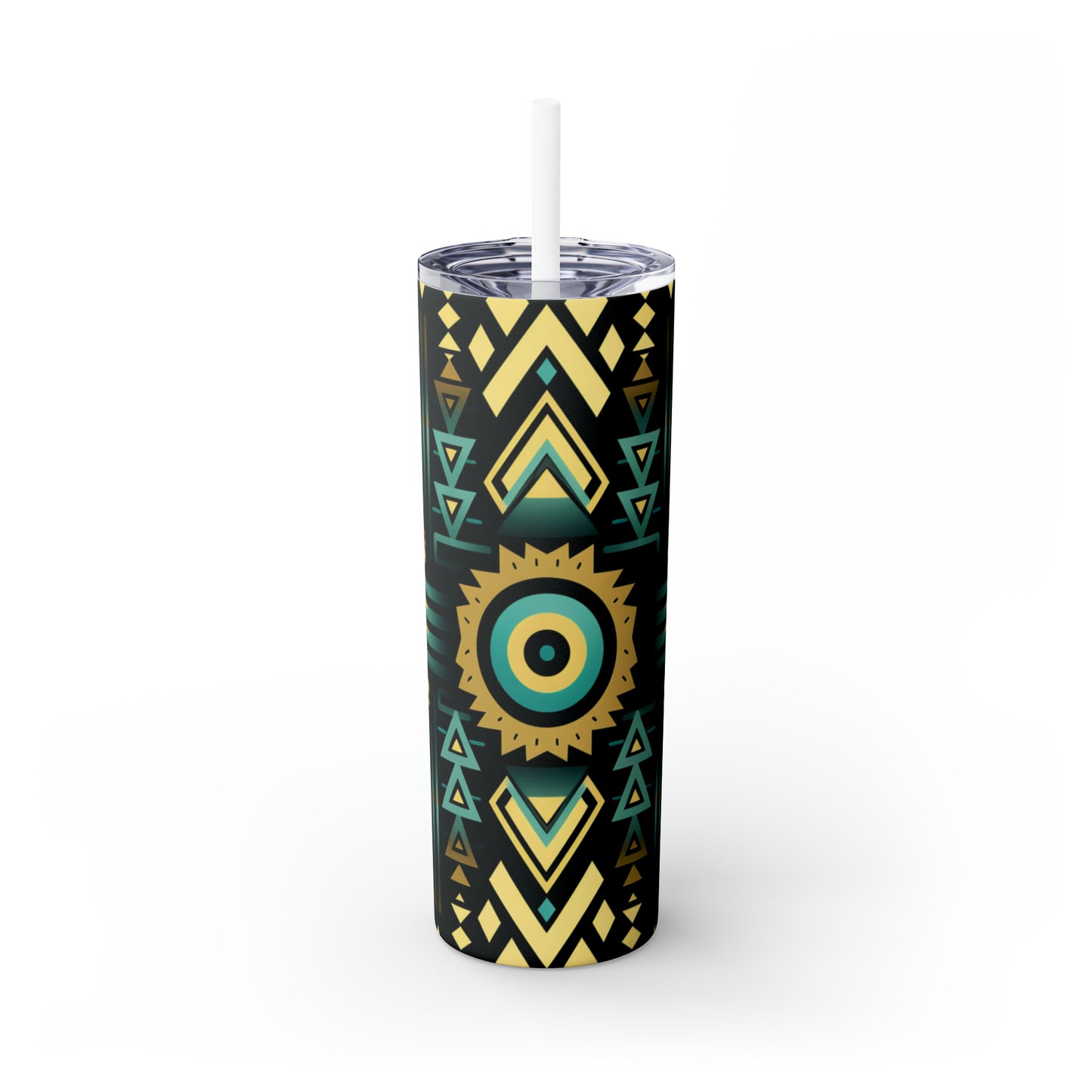 Black, Turquoise and Yellow Geometric Skinny Tumbler with Straw, 20oz