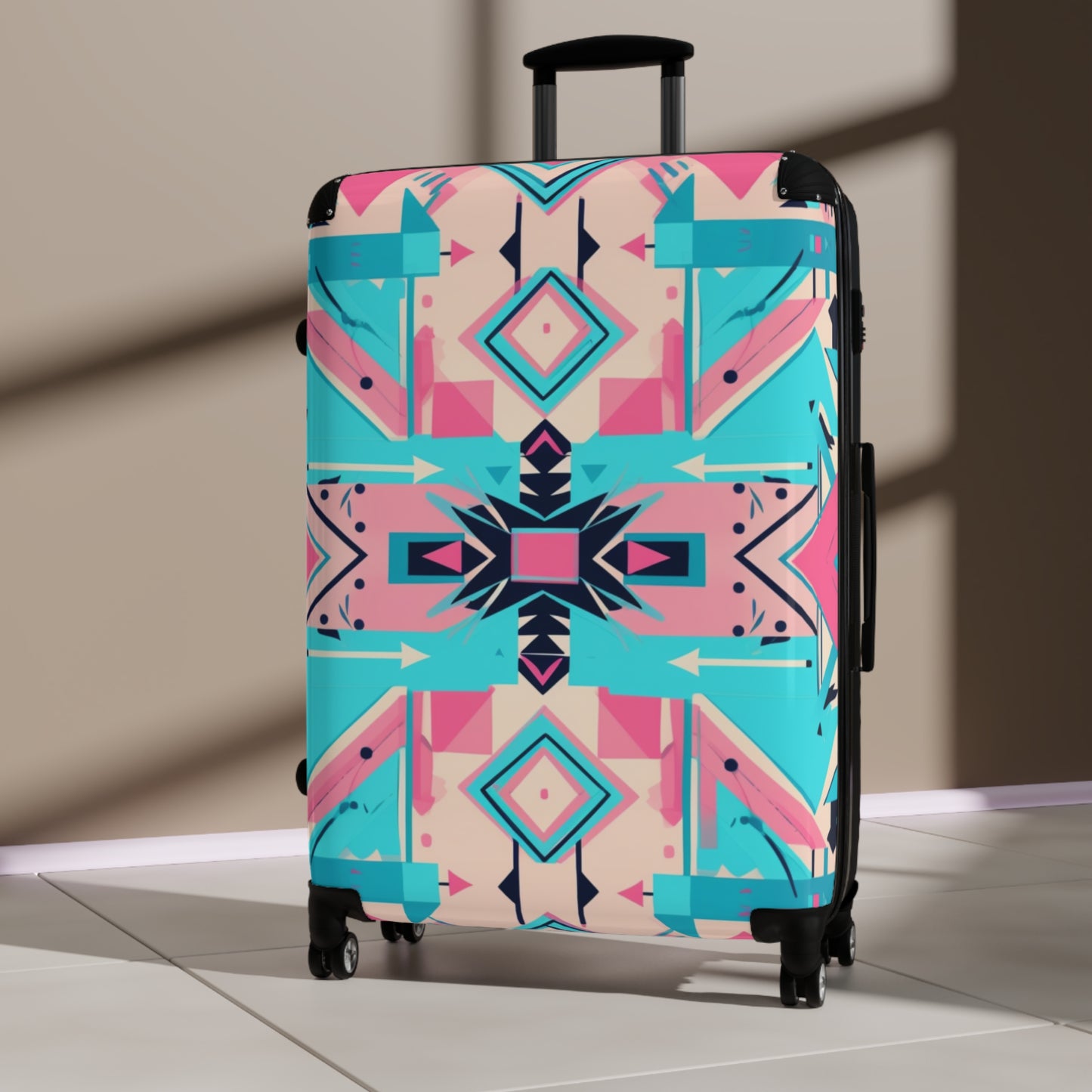 Pink and Turquoise Geometric Suitcase