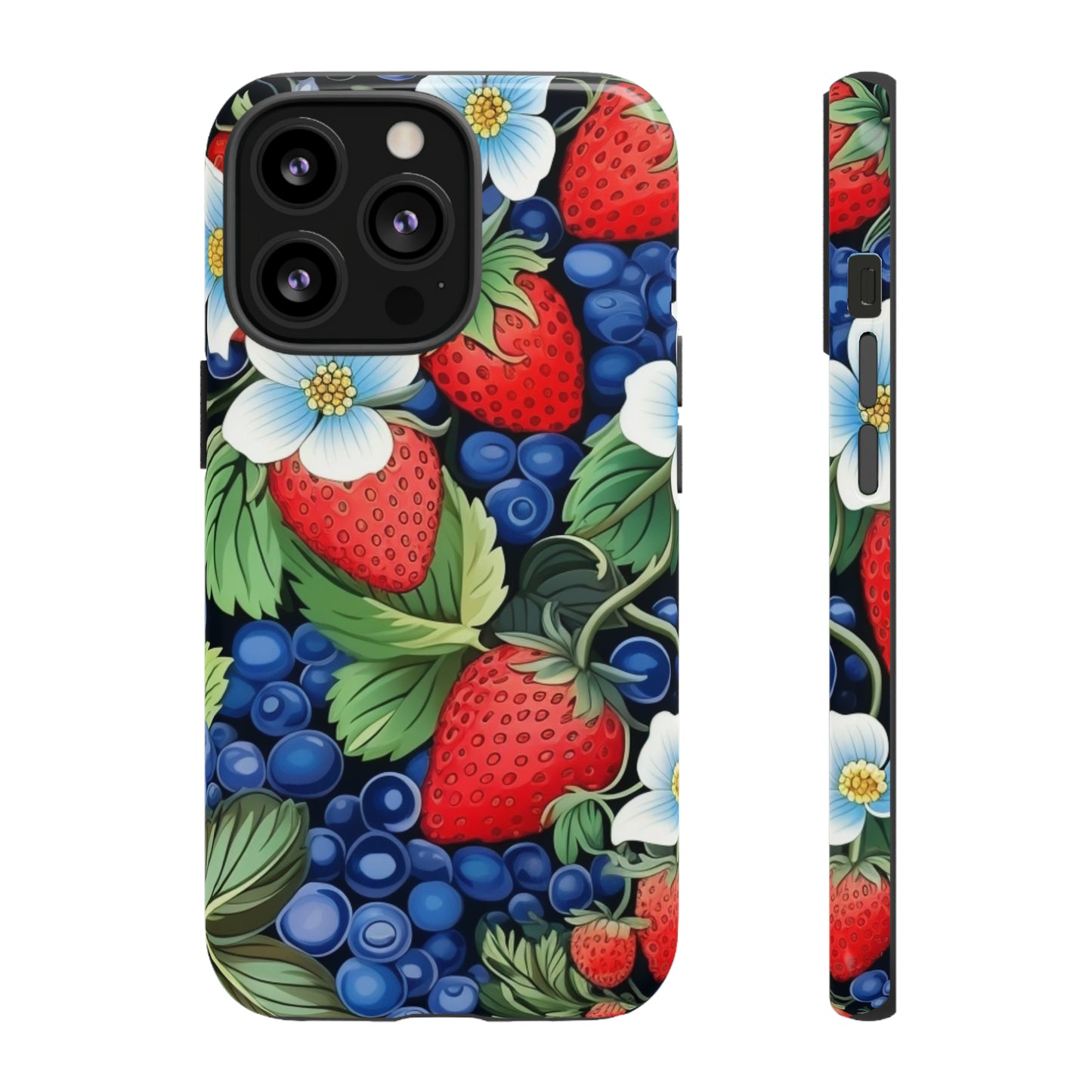 Strawberries and Blueberries on Black phone case