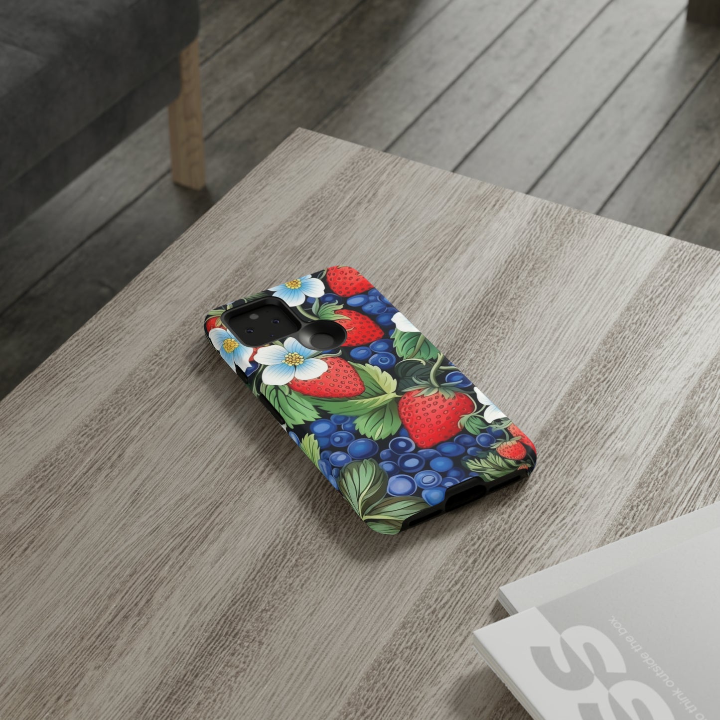 Strawberries and Blueberries on Black phone case