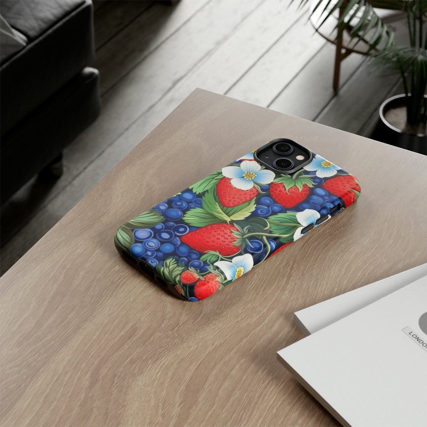 Strawberries and Blueberries on Black phone case