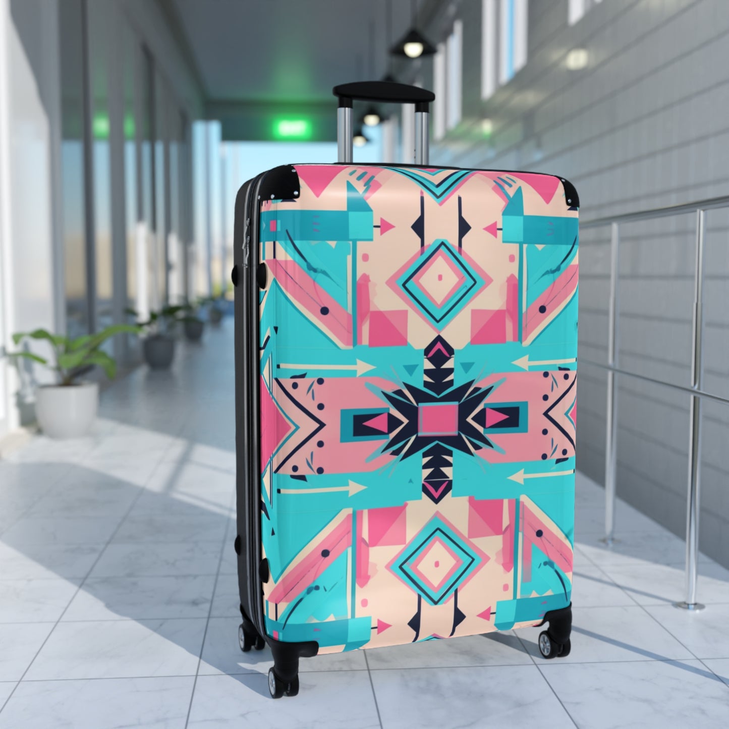 Pink and Turquoise Geometric Suitcase