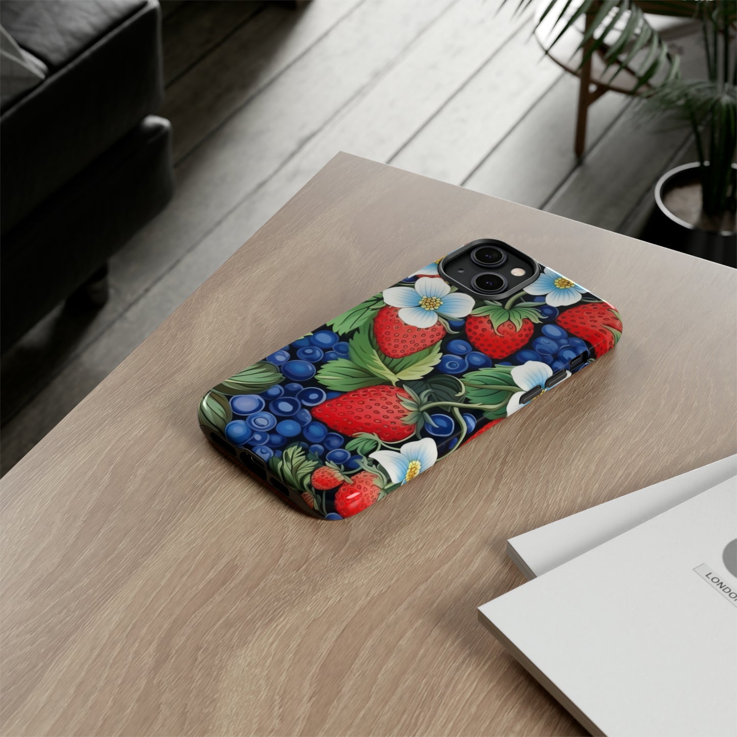 Strawberries and Blueberries on Black phone case