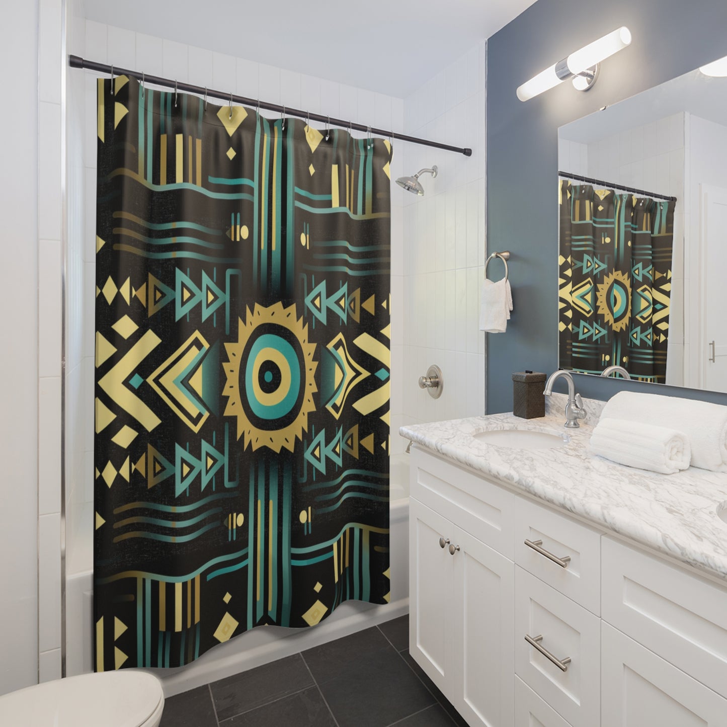 Black Turquoise and Yellow Geometric Shower Curtains