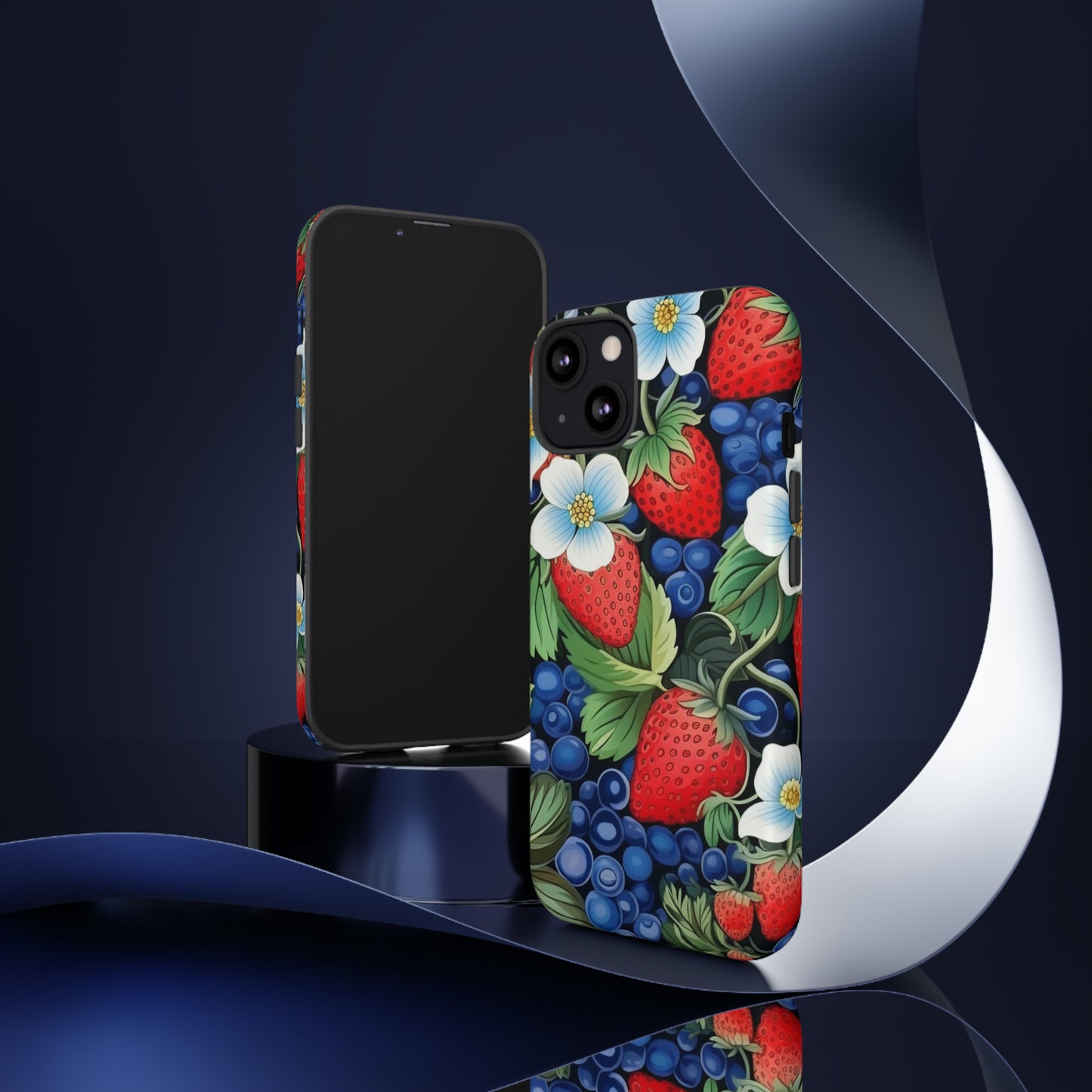 Strawberries and Blueberries on Black phone case