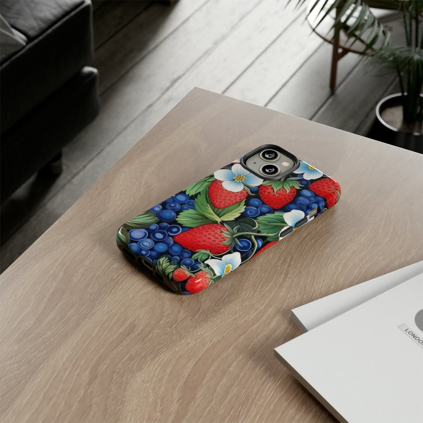 Strawberries and Blueberries on Black phone case