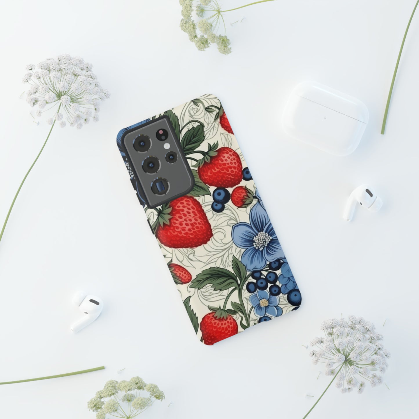 Strawberries and Blueberries on White phone case