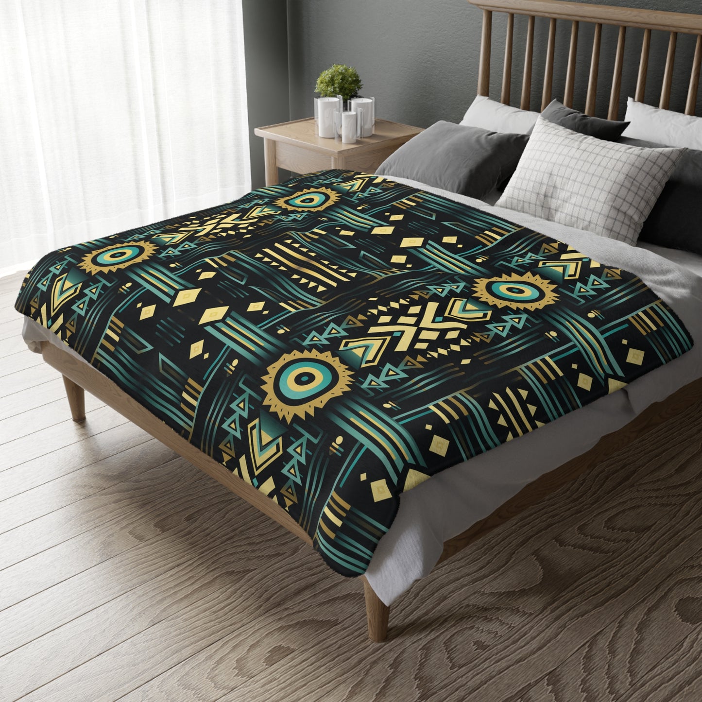 Black, Turquoise and Yellow Velveteen Minky Blanket (Two-sided print)