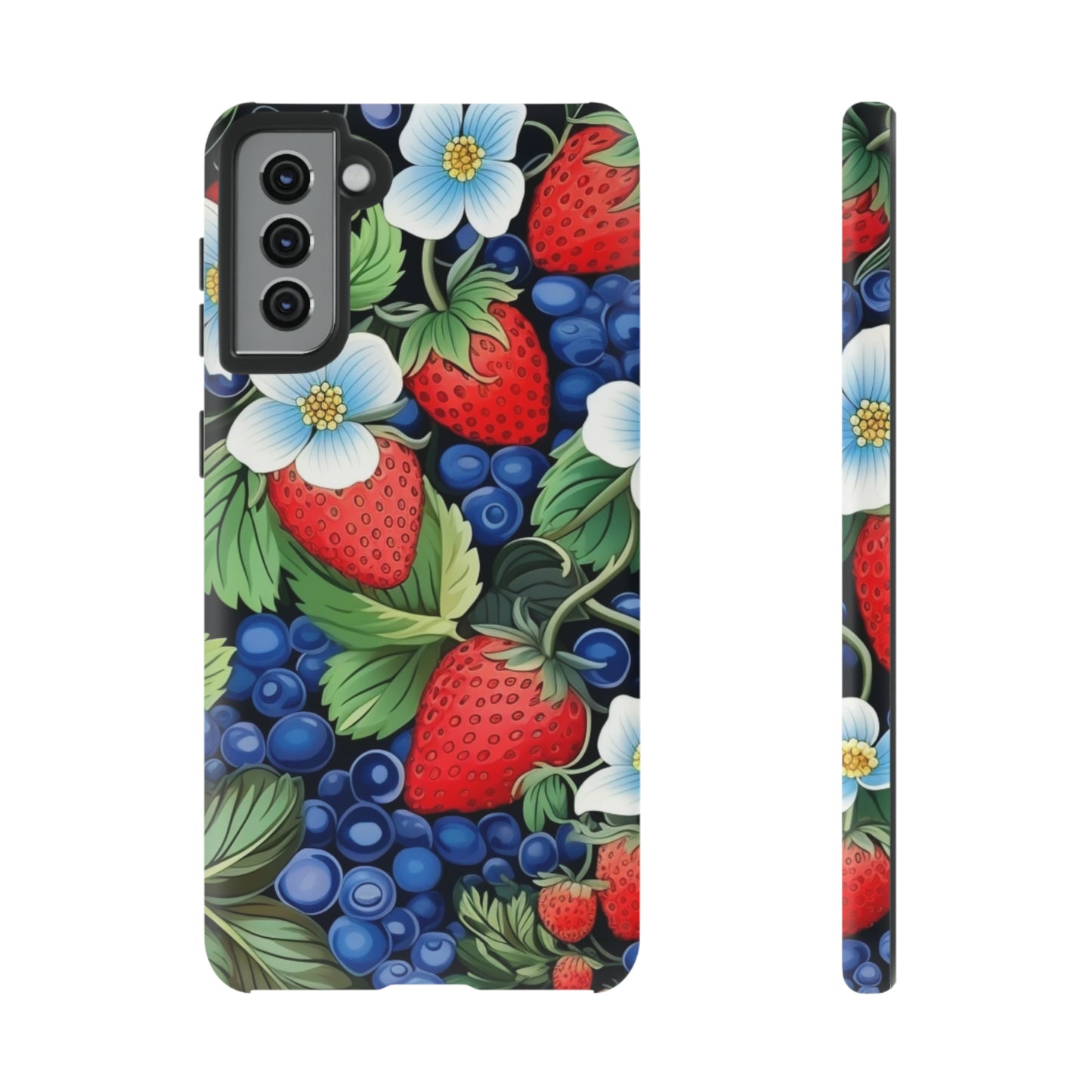 Strawberries and Blueberries on Black phone case