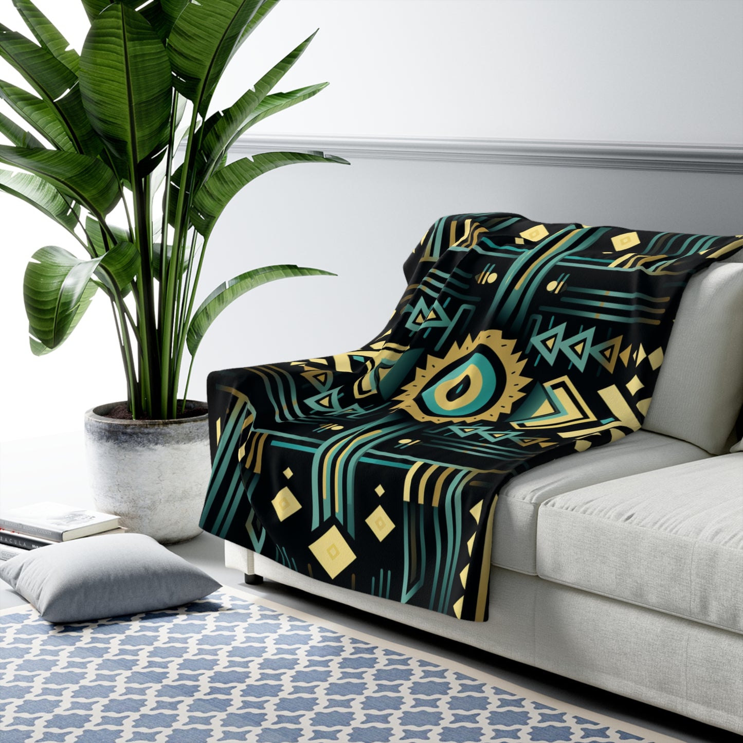 Black Geometric Sherpa Fleece Blanket