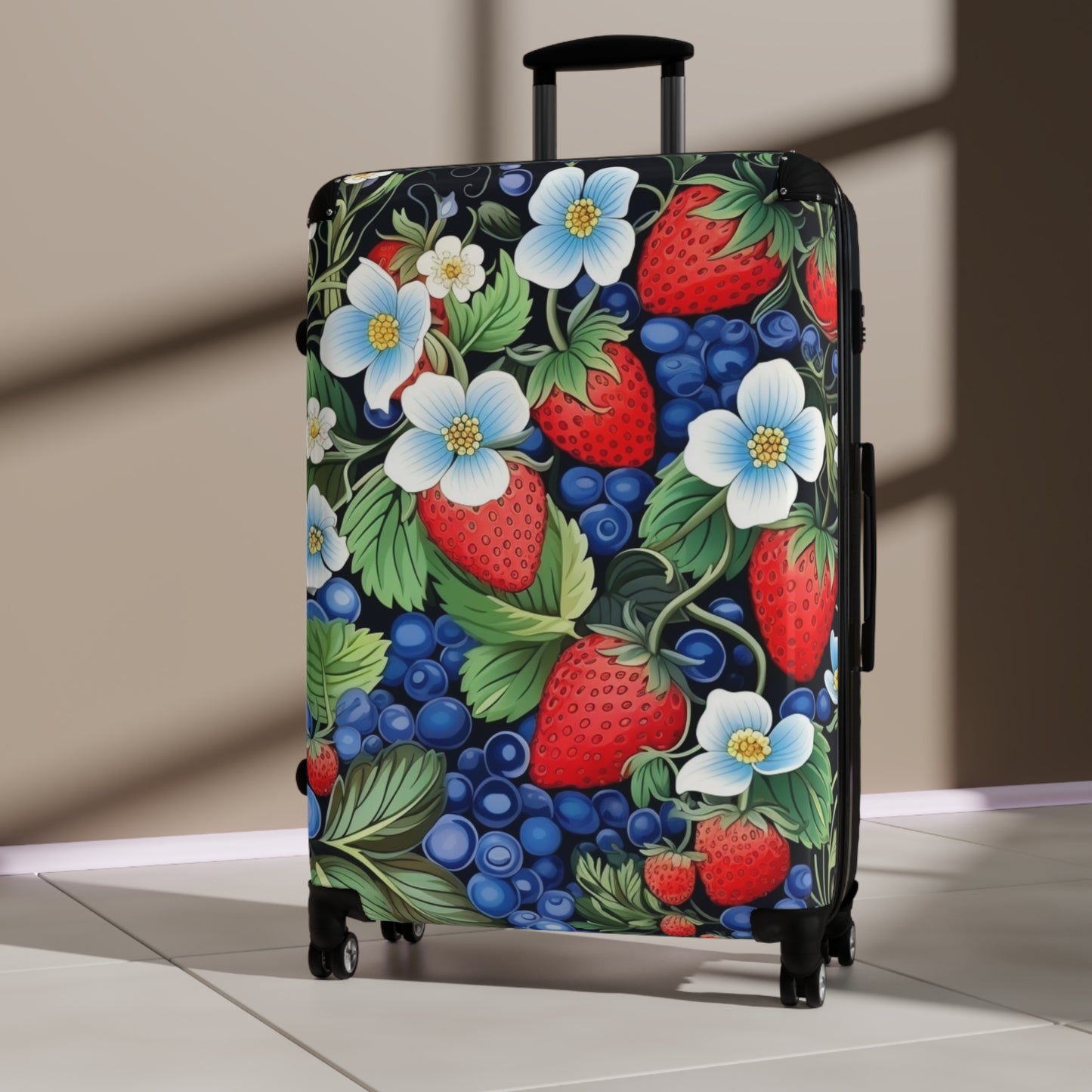 Strawberries and Blueberries on Black Suitcase