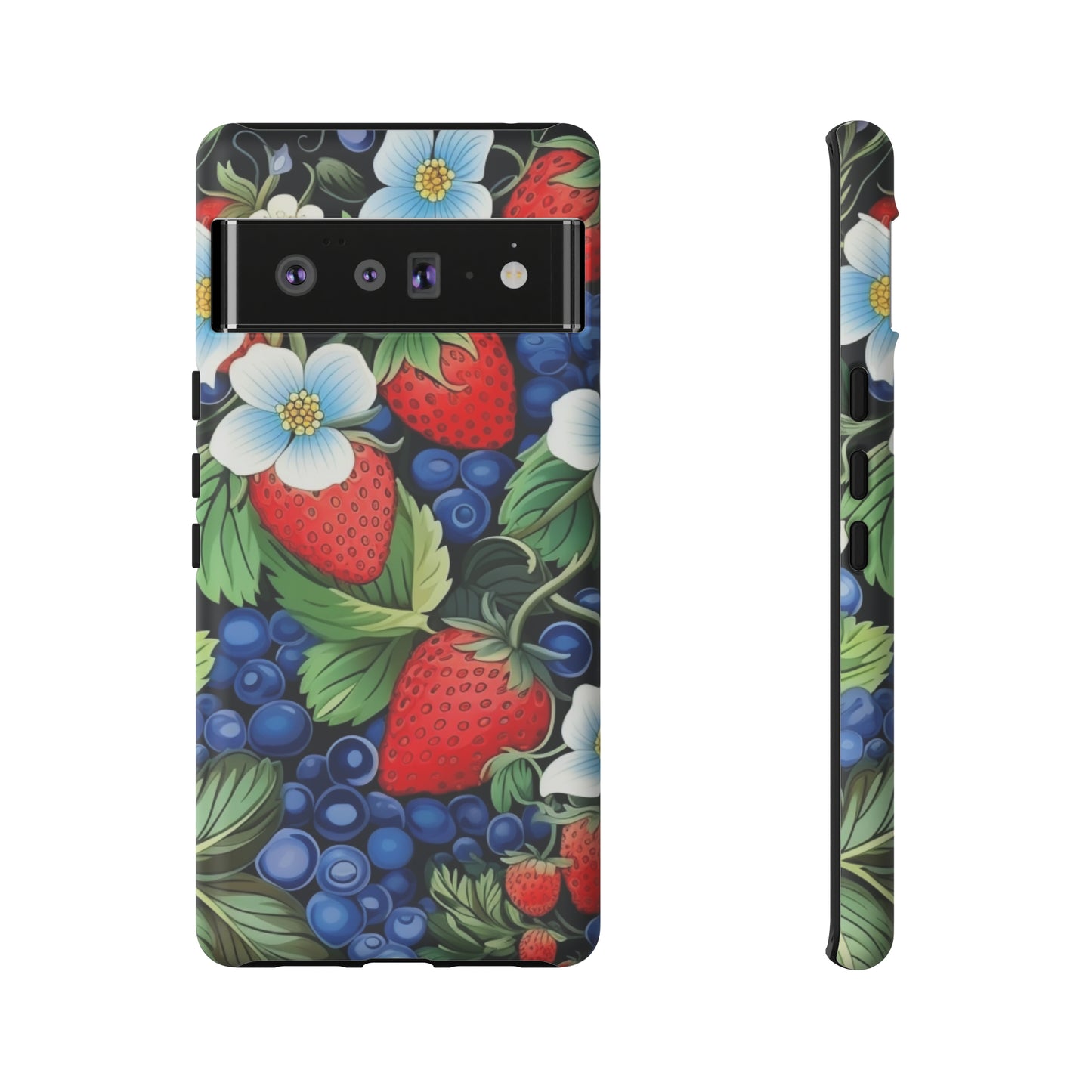 Strawberries and Blueberries on Black phone case