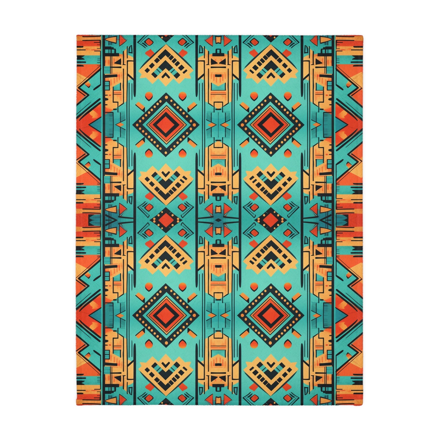 Turquoise and Orange Geometric Velveteen Minky Blanket (Two-sided print)