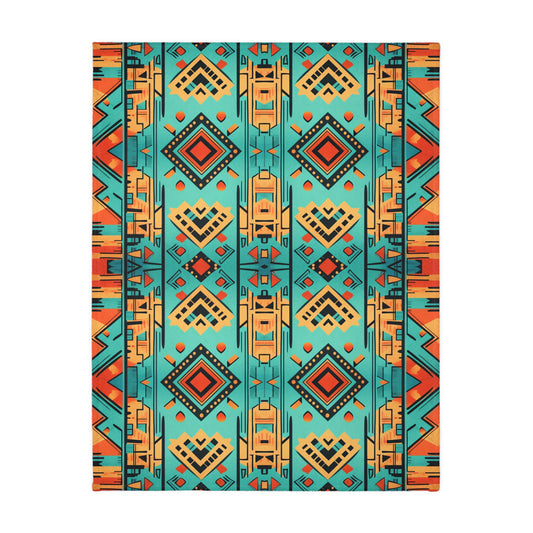 Turquoise and Orange Geometric Velveteen Minky Blanket (Two-sided print)