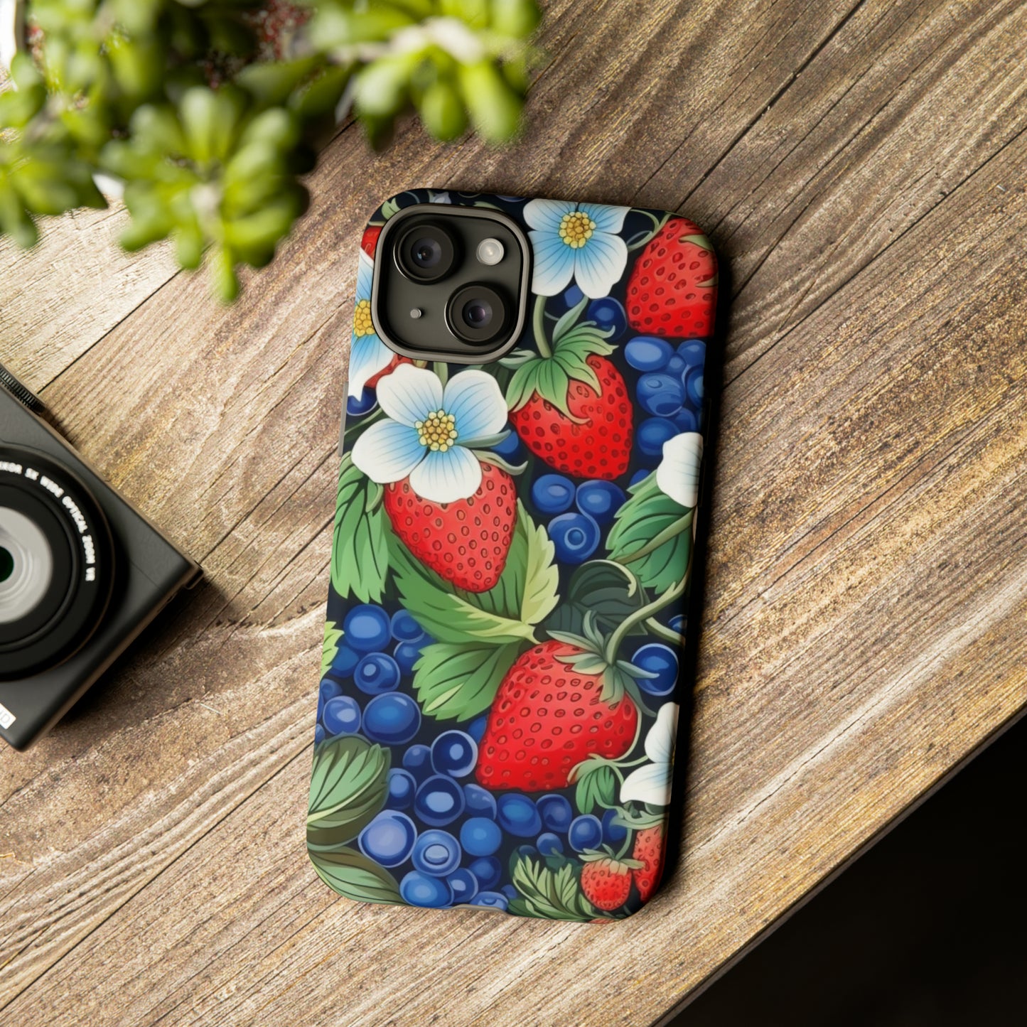 Strawberries and Blueberries on Black phone case