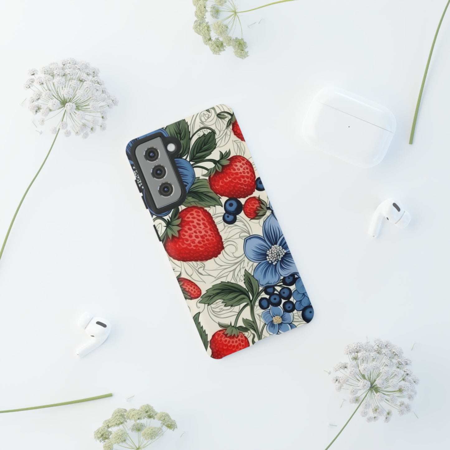 Strawberries and Blueberries on White phone case