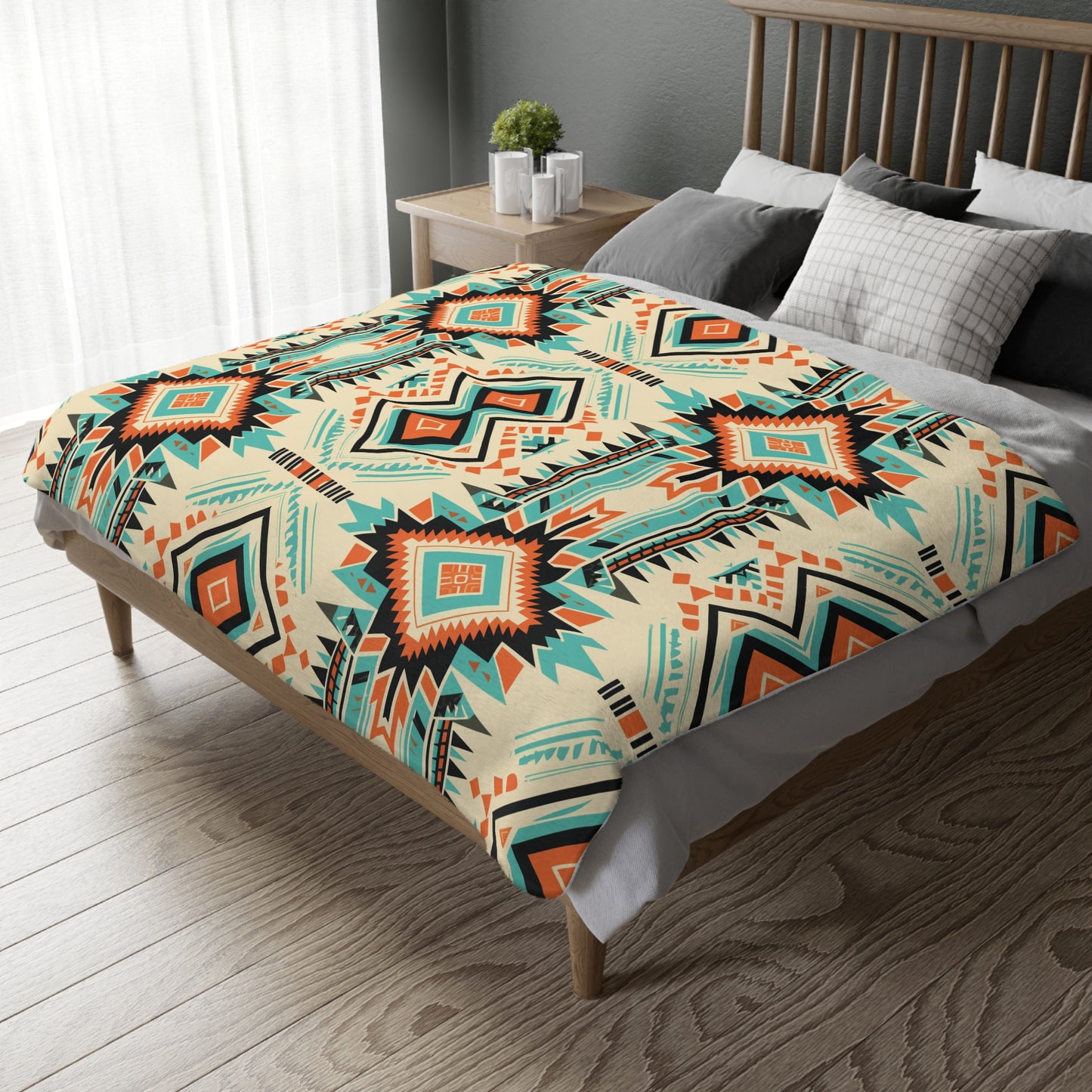 White, Orange and Turquoise Geometric Velveteen Minky Blanket (Two-sided print)