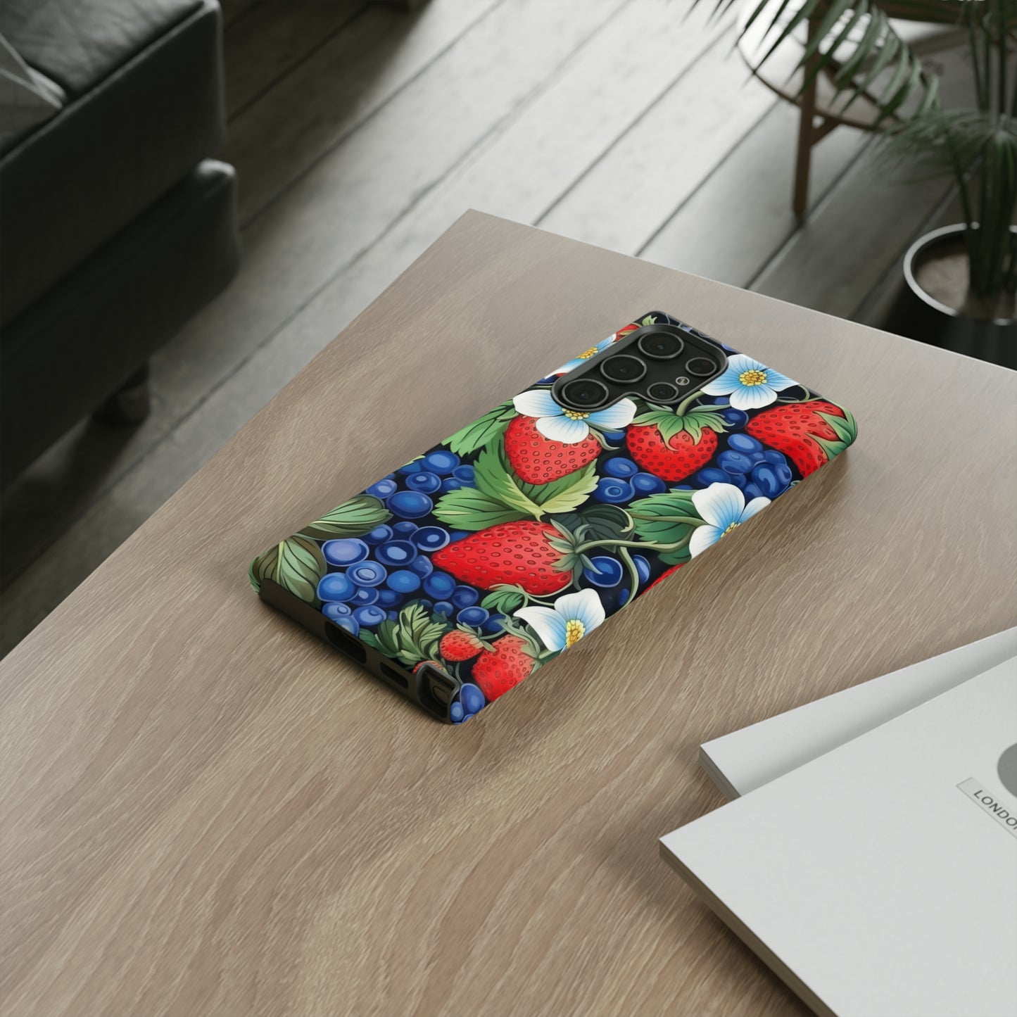 Strawberries and Blueberries on Black phone case