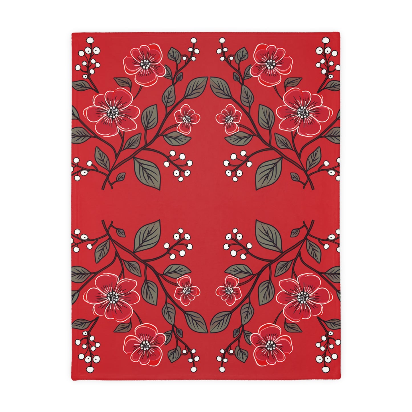 Red Floral Velveteen Minky Blanket (Two-sided print)