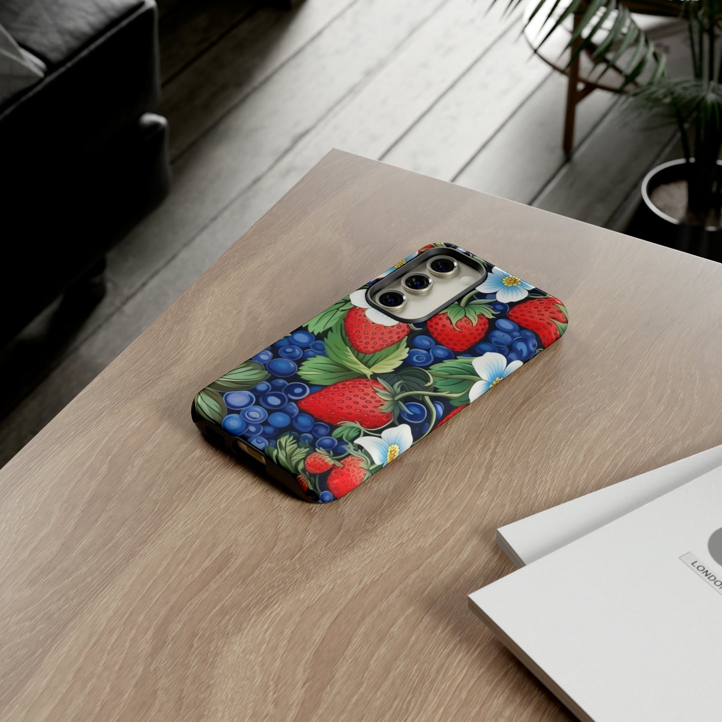 Strawberries and Blueberries on Black phone case