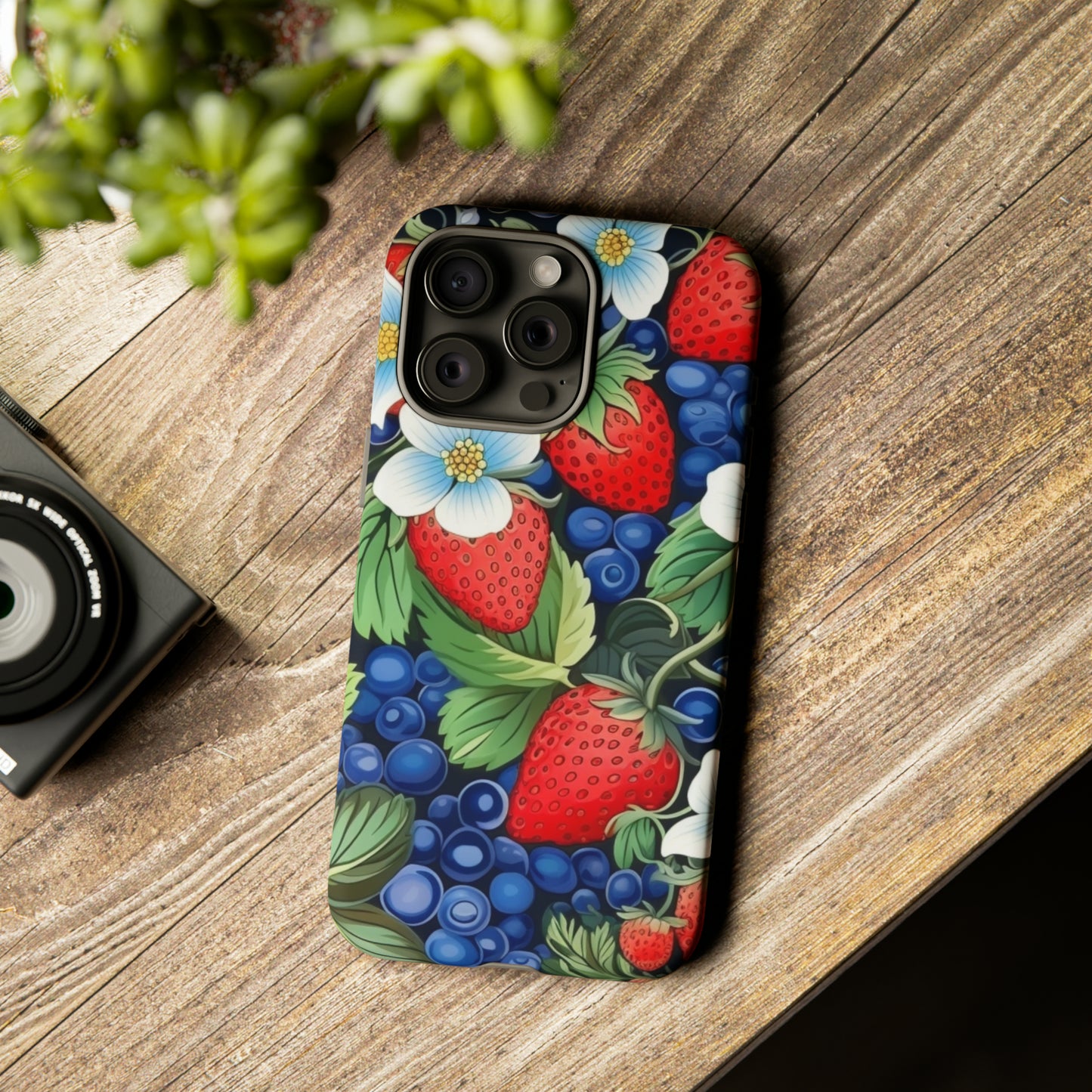 Strawberries and Blueberries on Black phone case