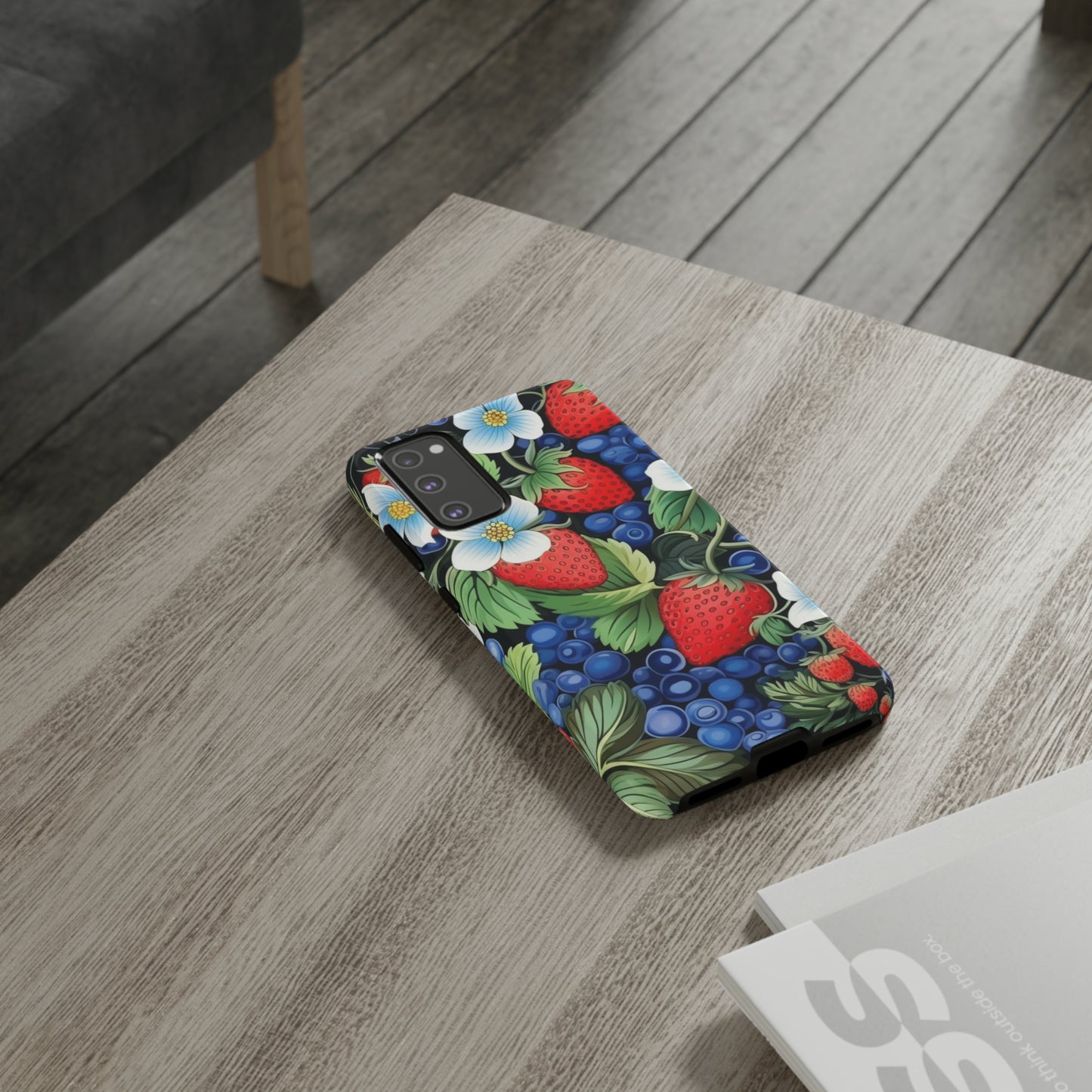 Strawberries and Blueberries on Black phone case