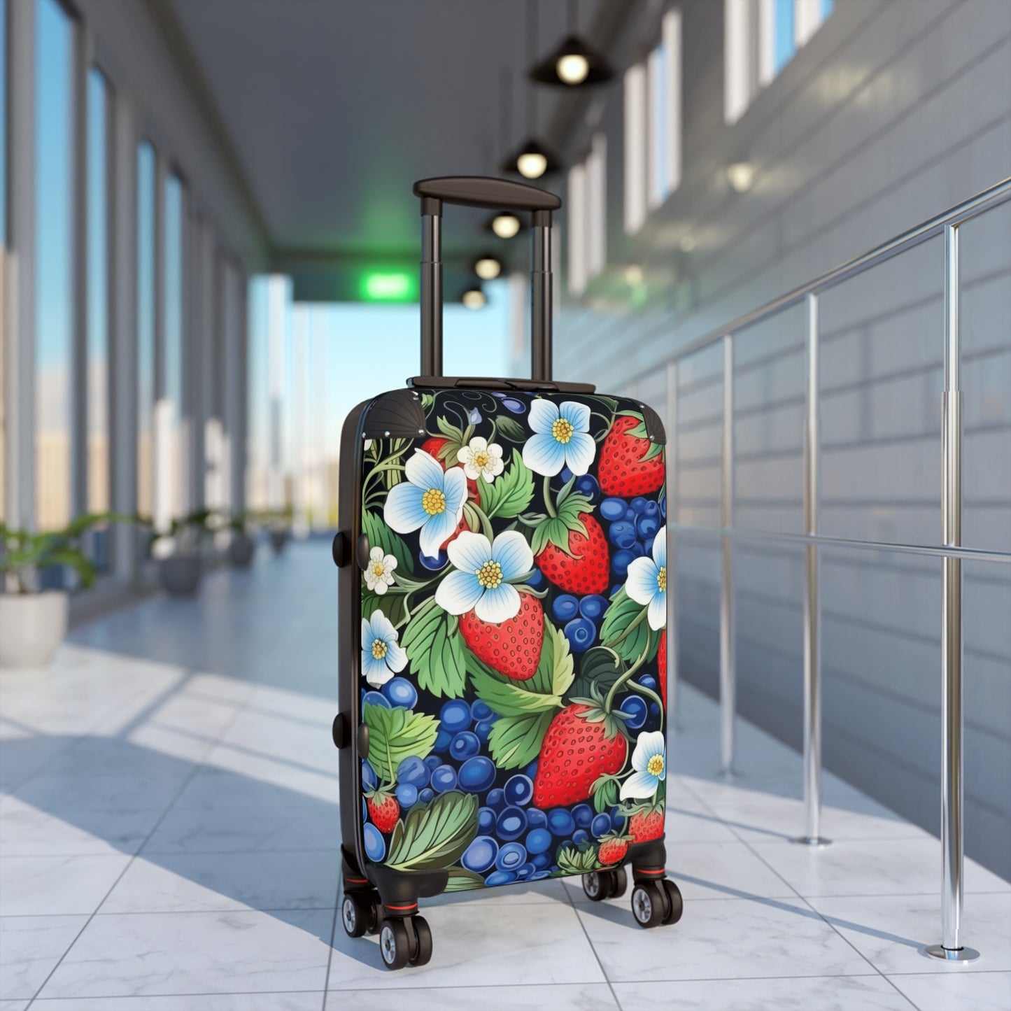 Strawberries and Blueberries on Black Suitcase