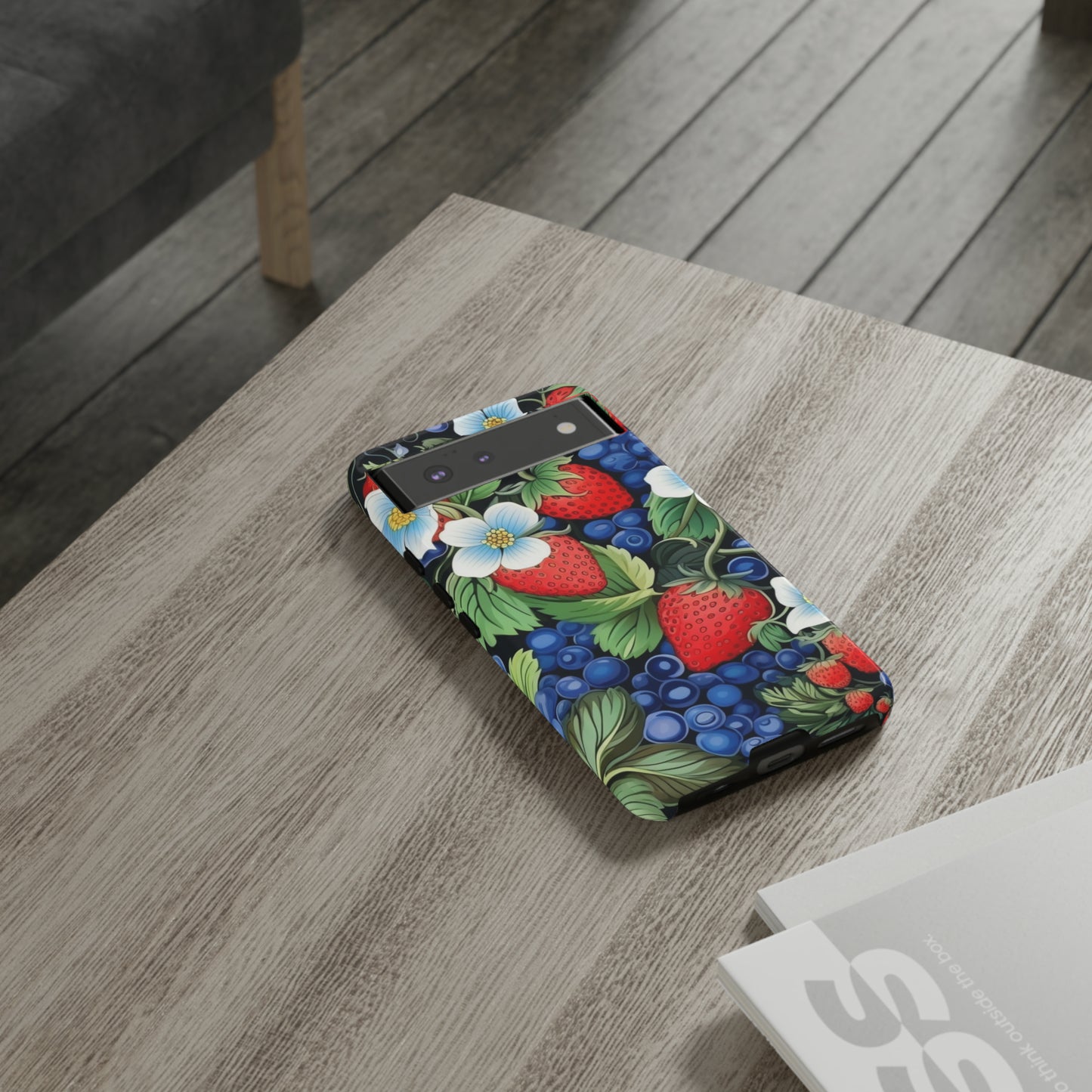 Strawberries and Blueberries on Black phone case