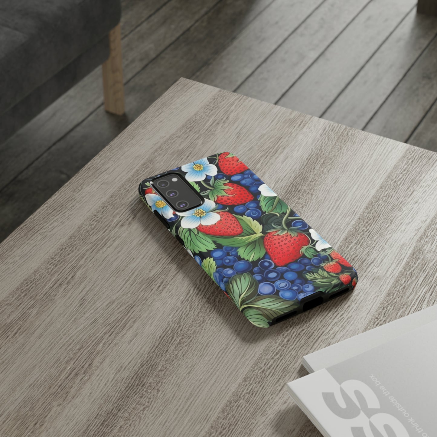 Strawberries and Blueberries on Black phone case